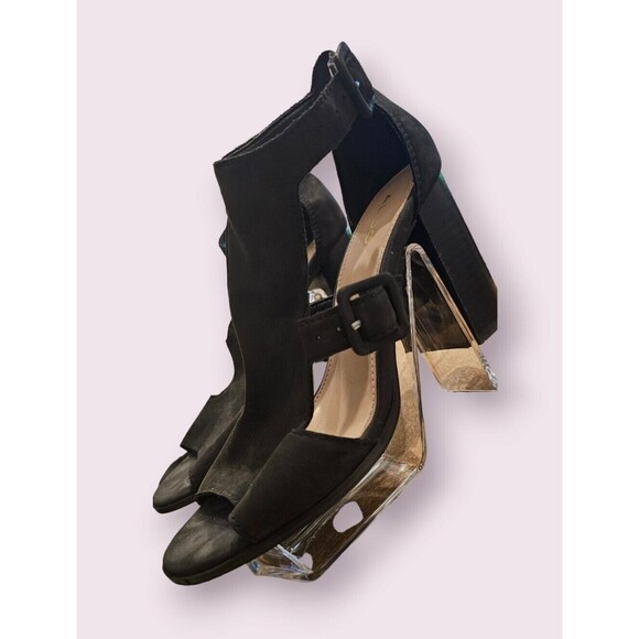 Aldo Black Suede Block Heels Size 8 Meygan-93 BUCKLE SANDAL PEEP TOE - Picture 9 of 16